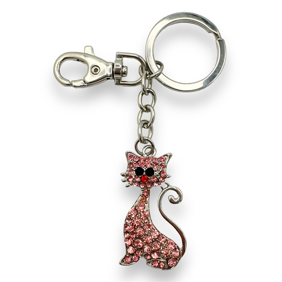 Kitty Cat Keychain w/ Rhinestone Crystals, Split Key Ring & Clip, w/ Gift Bag - Picture 1 of 4